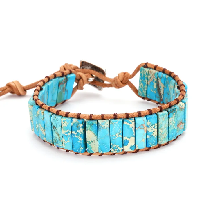

Boho Women Natural Cube Emperor Stone Bracelet Genuine Leather Wrap Weave Adjustable Strands Bracelet Bangle Jewelry