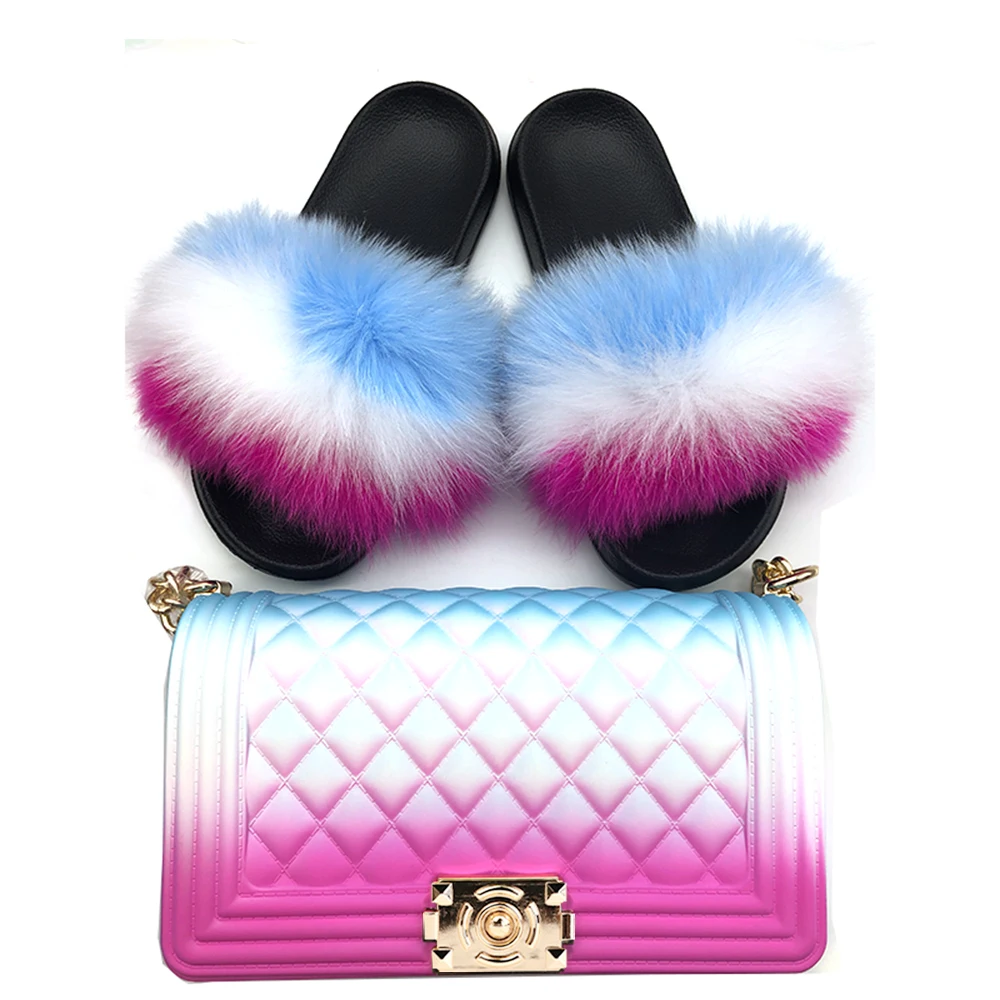 

Wholesale women purses handbags purse set pvc bags handbags jelly bag matching furry fox fur slides footwear sandals slipper