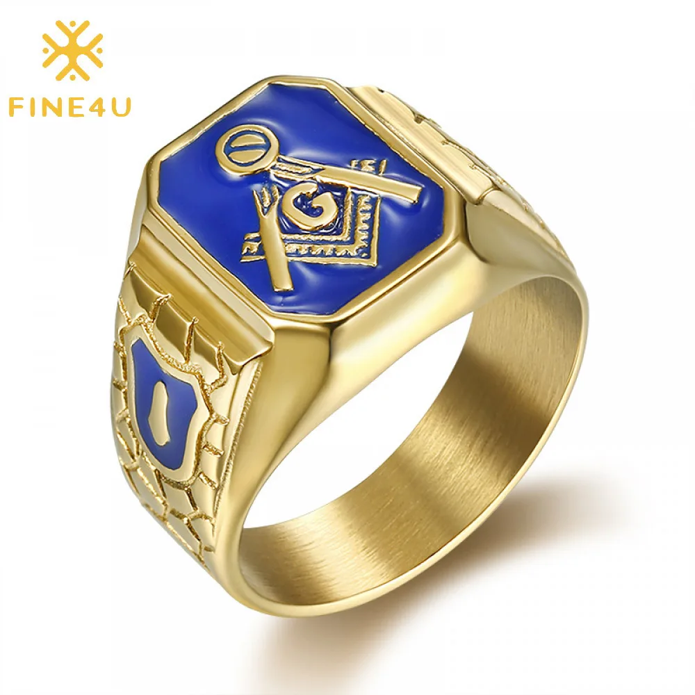 

Fashion Custom Graduation Gift Gold Plated Blue Lacquer Masonic AG Stainless Steel Free Mason Ring For Men
