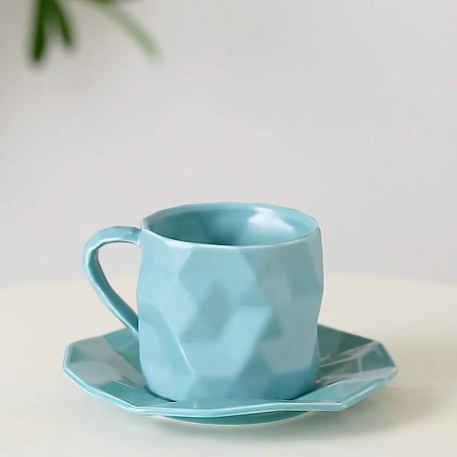 New design coffee shop used folding lines sky blue ceramic cappuccino coffee cup saucer.jpg