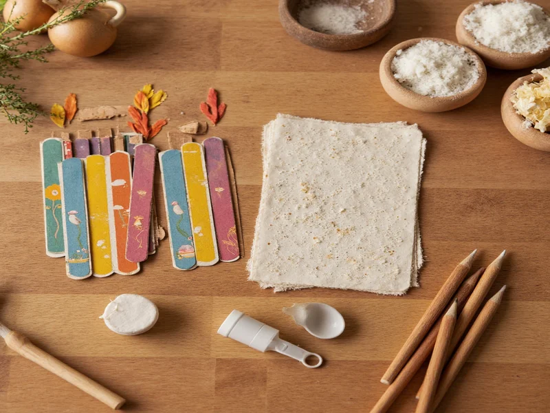 DIY bookmark materials on wooden table