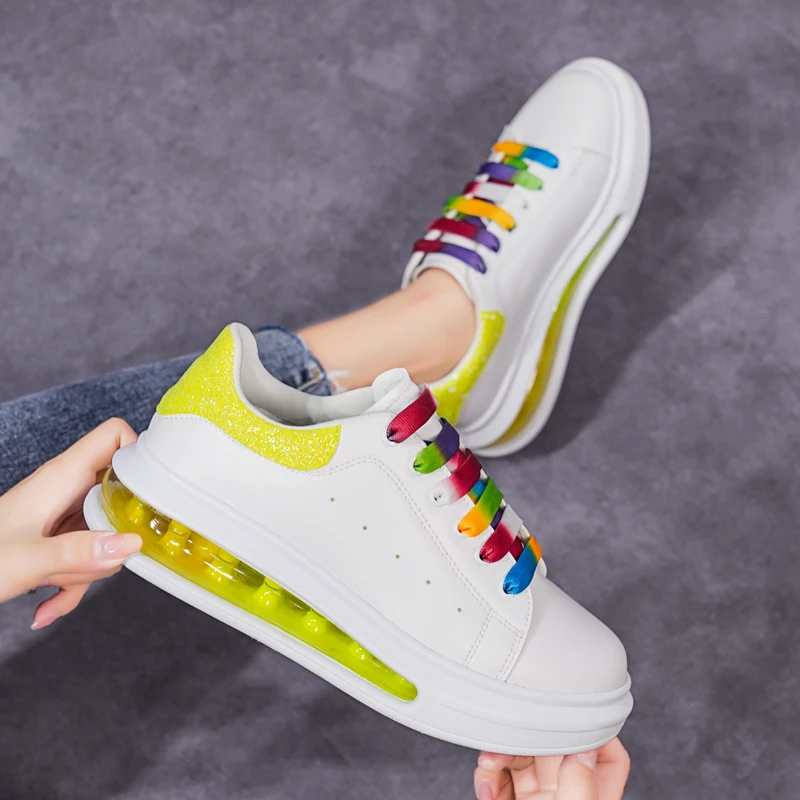 

Stylish Skateboarding Shoes White Shoes Women Leisure Cushion Skateboard Shoes Flat Sneakers Colored shoelaces