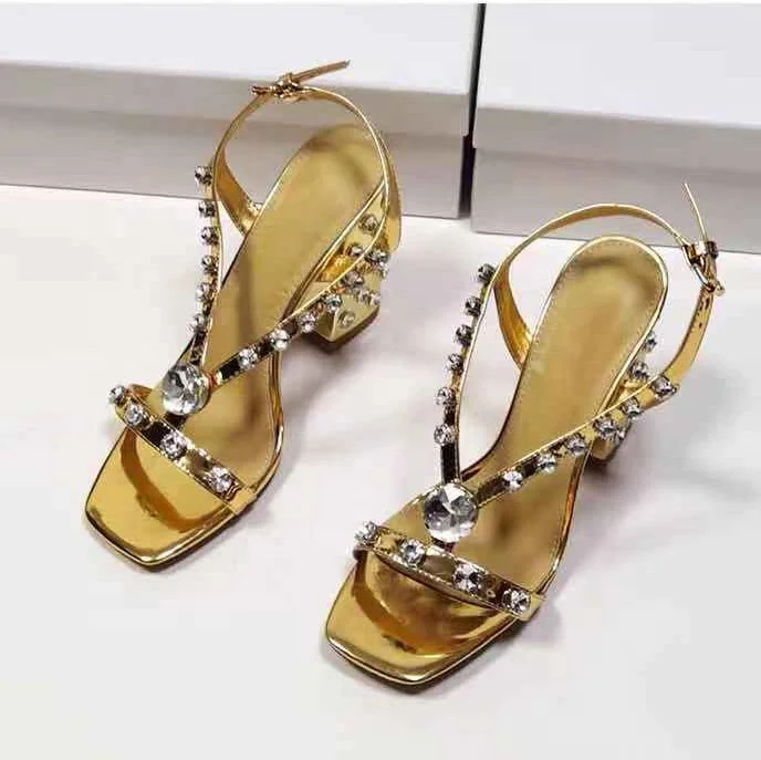 

Elegant Big Diamond Ornament Slingback Square Toe Women Sandals Buckle Strap Chunky Heel Lady Pumps Daily Summer Shoes Big Size, Black,silver,gold