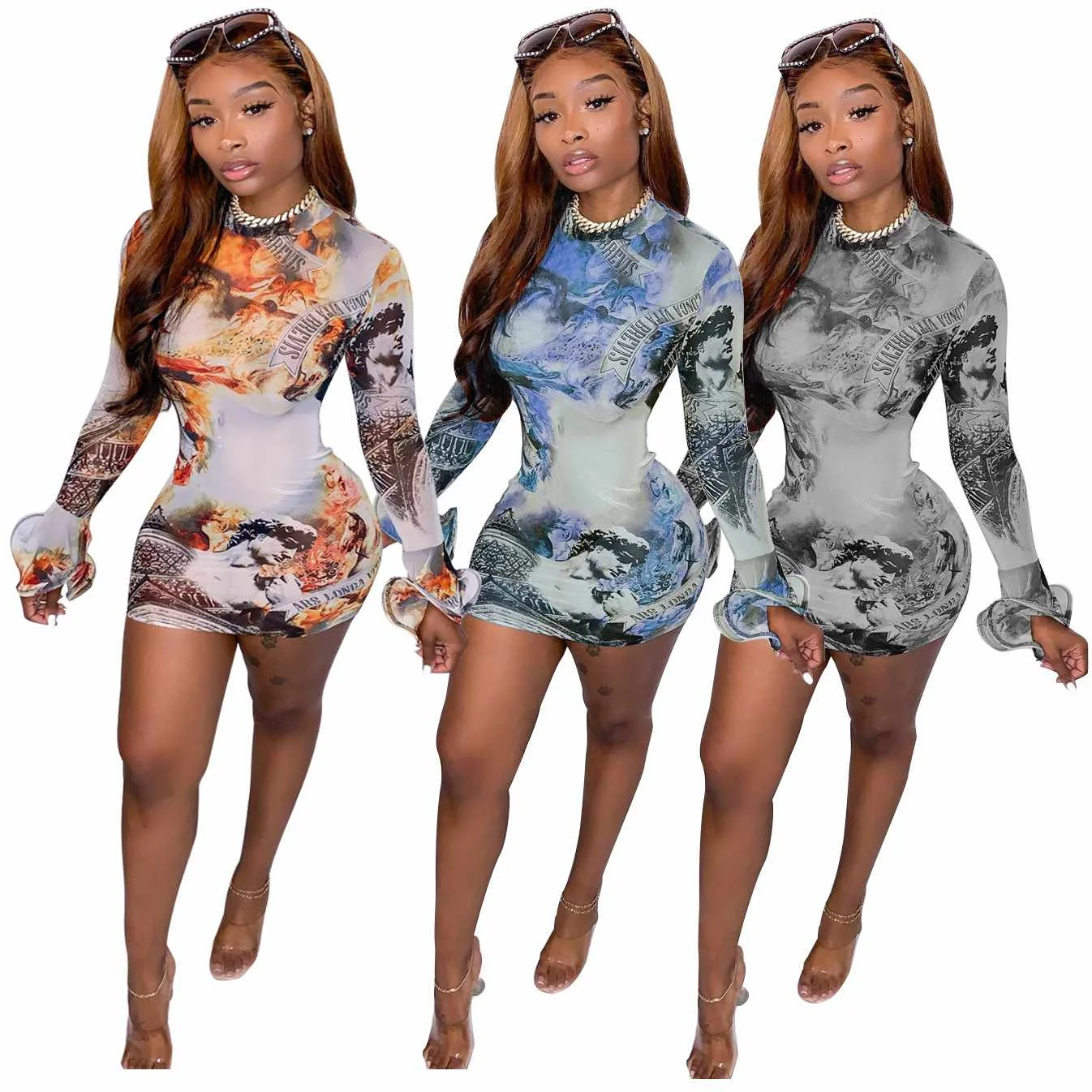 

allure women 2021 New arrival summer fashion apparel casual tie dye bell long sleeve printed bodycon mini dress