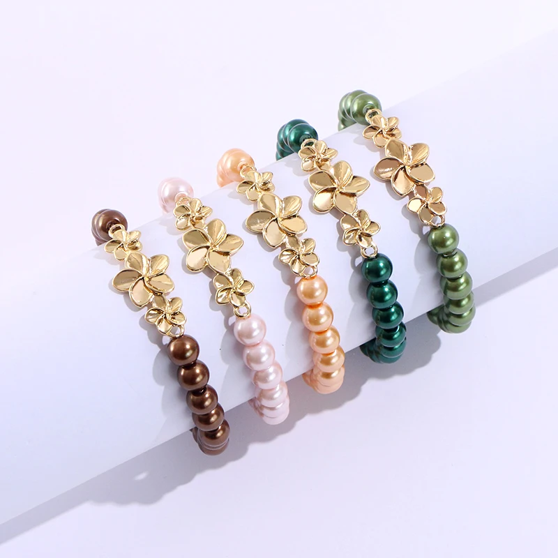 

Hawaiian Pearl beaded Bangles Plumeria Bracelets Polynesian Style Hawaiian Jewelry Gold Plated Elastic Rope Bracelet wholesale