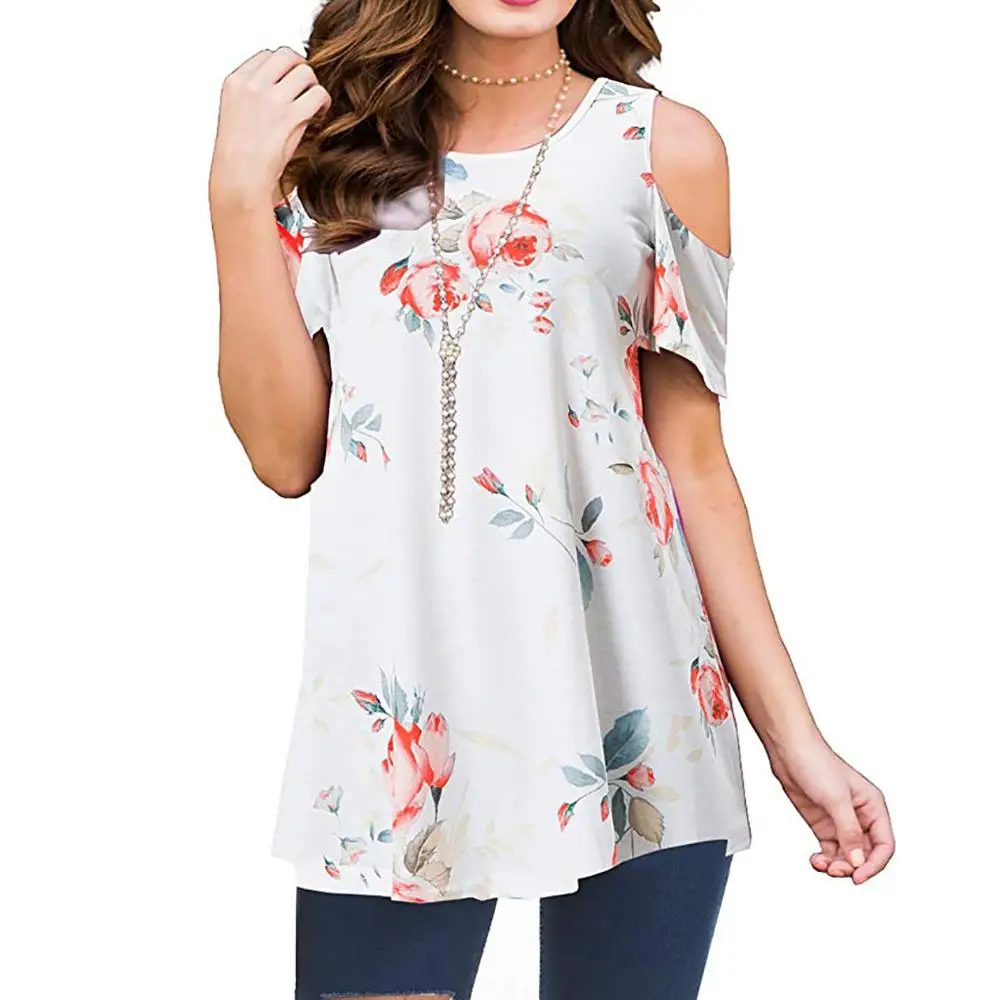 

Amazon Hot Selling Wholesale short sleeve print off shoulder women ladies office blouse shirt