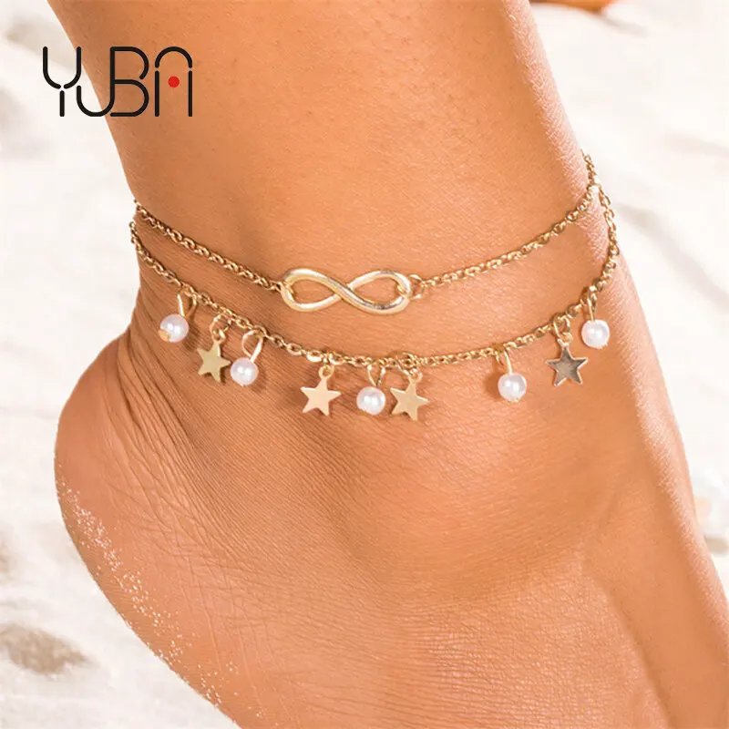 

Double Layer Stainless Steel Infinity Symbol Charm Anklets White Beads Five Star Tassel Leg Chain Ankle For Sandal