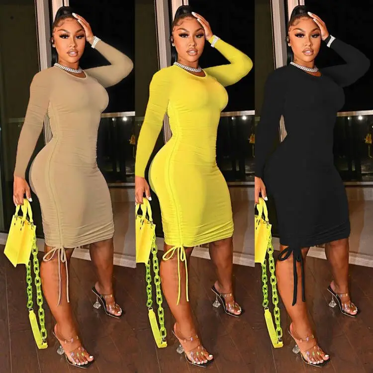 

New Arrival Round Neck Long Sleeve Pleated Drawstring Dress Women Solid Color Slim Fit Ruched Dress Nightclub Party Wear