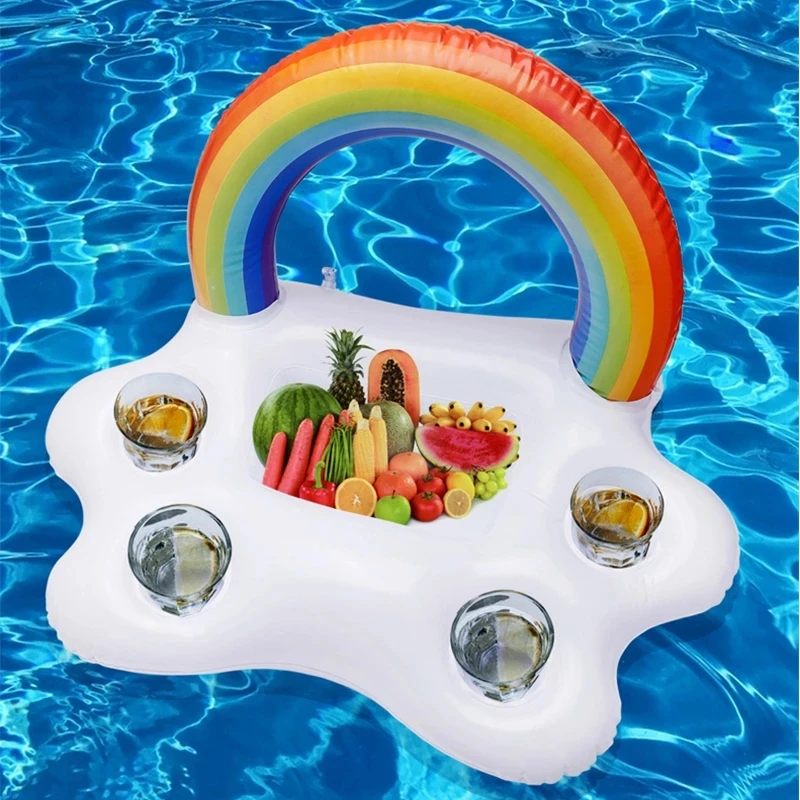 

Four holes Inflatable Pool Float Beer Drinking Table Beach Swimming Ring Summer Pool Party Bucket Rainbow Cloud Cup Holder, Optional