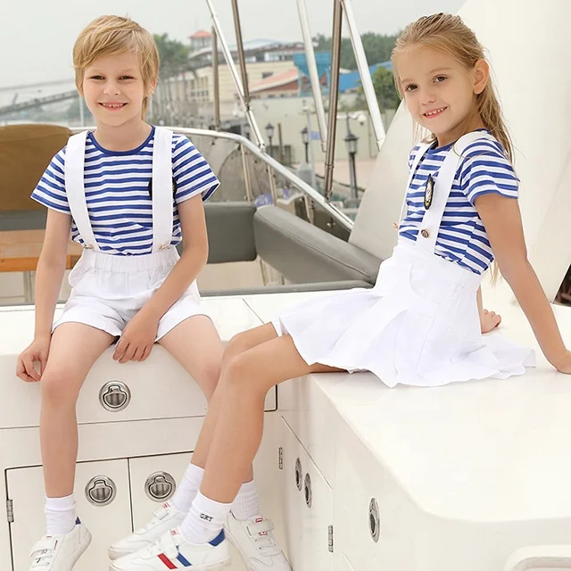 

School Uniform Design Manufacturer Wholesale Primary Middle and High School Modern Children Suits T shirt Uniforms Set for Kids, Blue and white