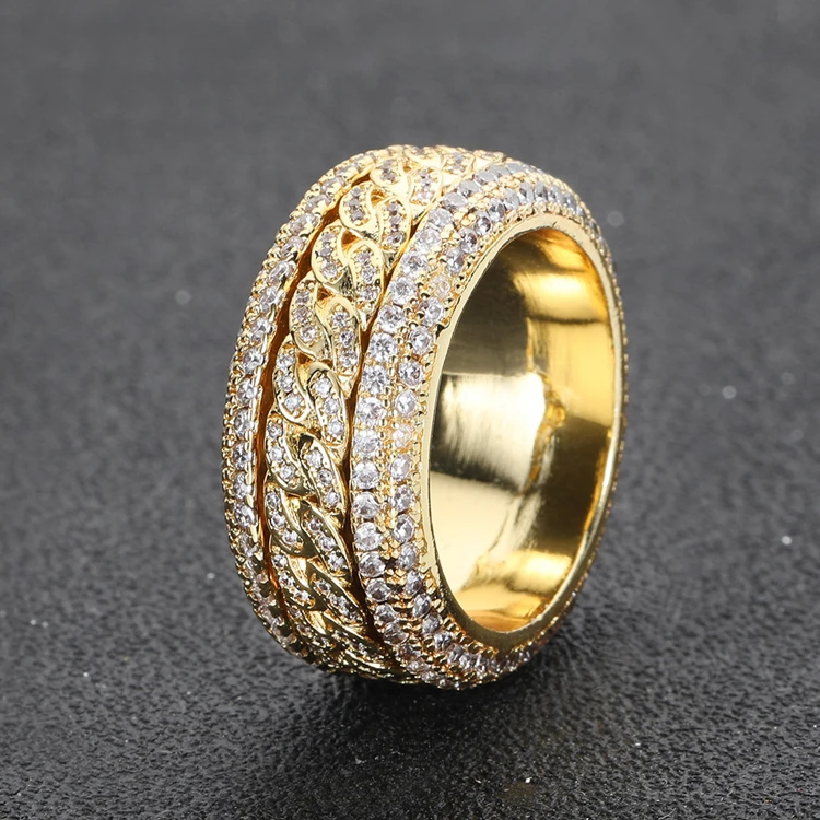 

GZYS JEWELRY Hip Hop Micro Zircon Paved Real Gold Plated Men And Women Diamond Cuban Link Ring