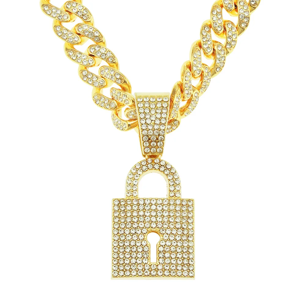 

European Hot Selling Creative Design Hips Hops Micro Pave Crystal Lock Pendant Necklace Iced Miami Cuban Chain Lock Necklace
