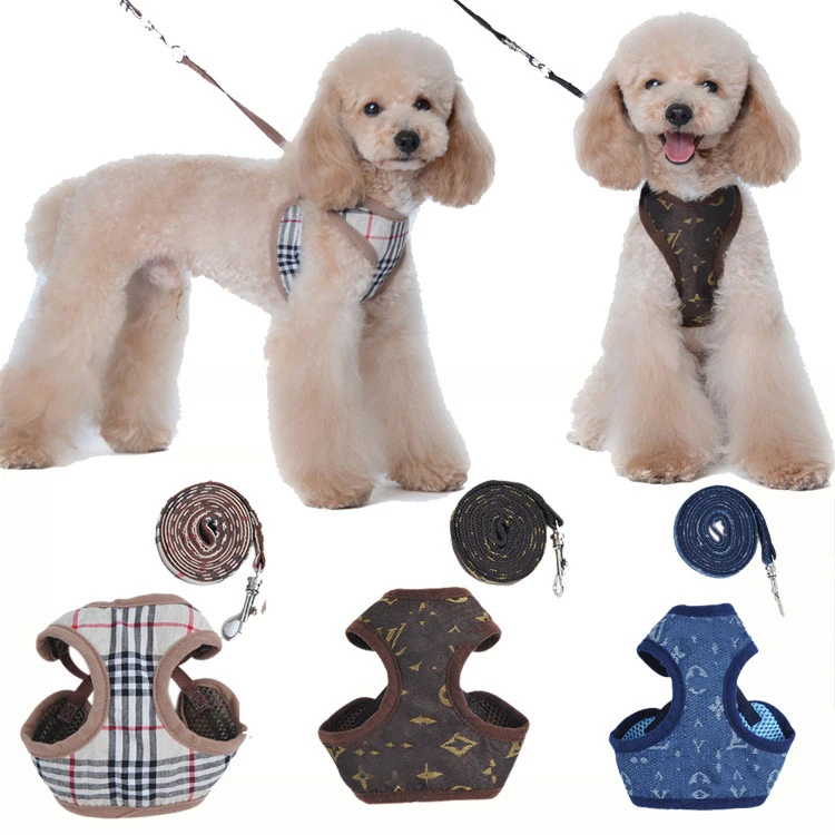 

Top Seller Customized Luxurious Adjustable Soft Pet Dog Harness and Leash Set Plaid Padded Chest Vest, As pictures