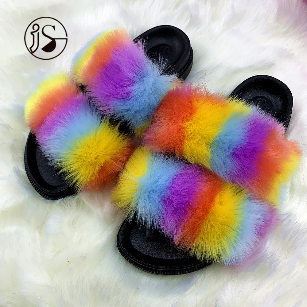 

2021 New Design Factory Direct Wholesale Double Band design Women Fur Slippers Big Fluffy Furry Sandals, Picture
