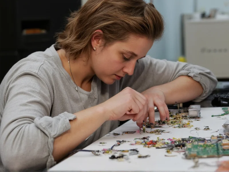 Artist assembling jewelry from circuit board fragments