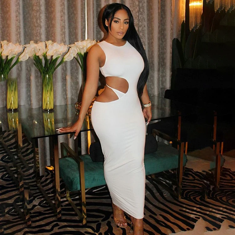 

Hollow Out Crew Neck Sleeveless Solid Maxi Dress Bodycon Maxi Dress Women Lady Elegant Sexy Summer New Arrivals -YS, White,green