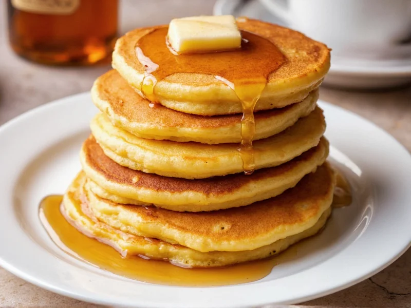 Fluffy golden pancakes stacked with maple syrup