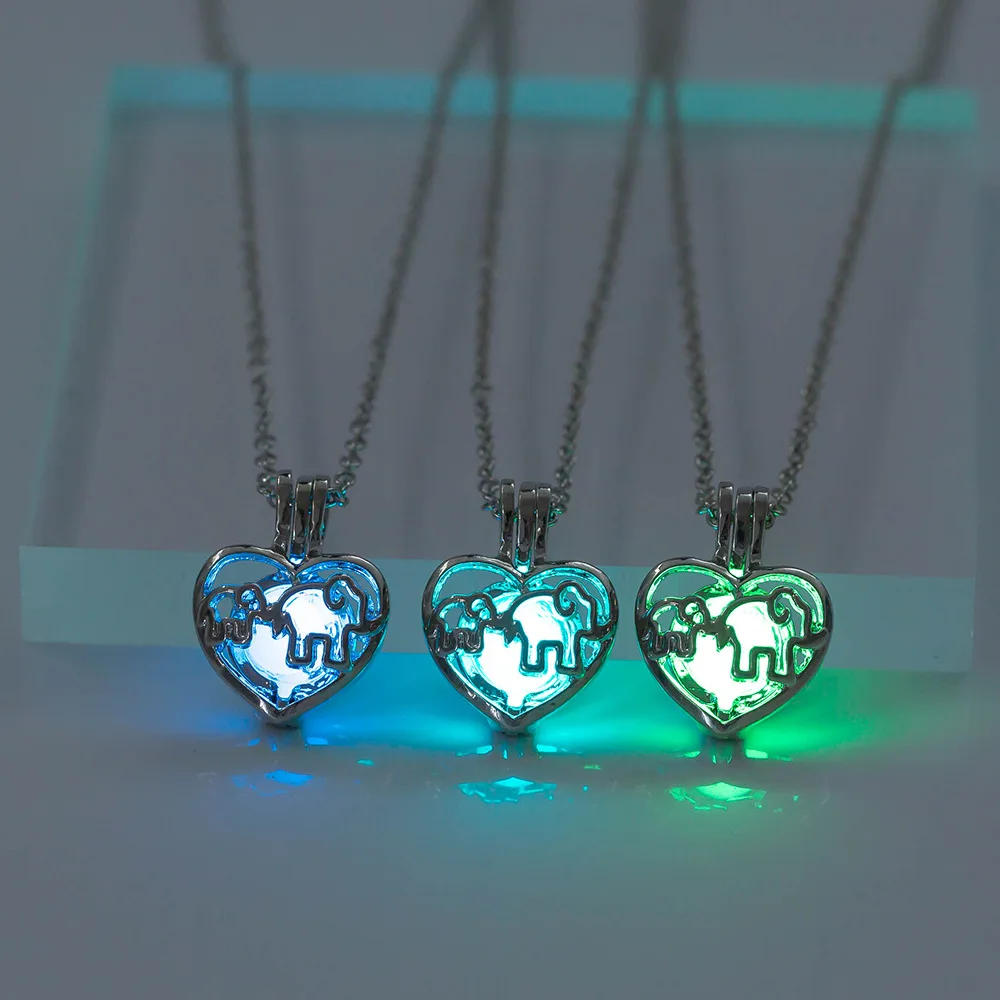 

DIY Locket Glowing Necklaces Luminous Bead Elephant Heart Pendant Glow In The Dark Necklace Men Halloween Silver Women Jewelry, Gold color