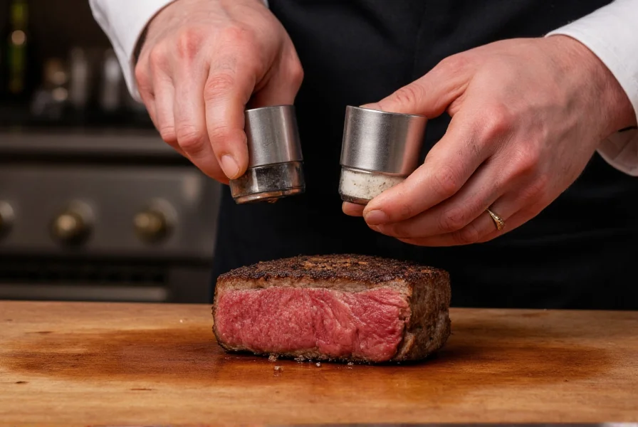 Close-up of chef's hands seasoning steak with separate salt and pepper grinders