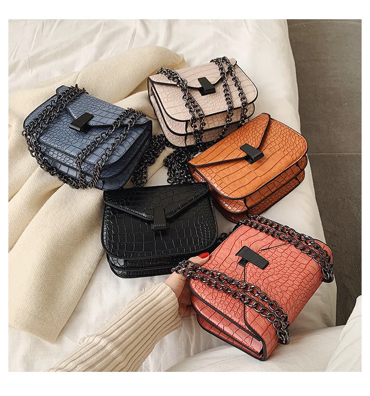 

2020 New Arrival Stock Fashionable Plain Color Crocodile Pu Leather Bag Square Shoulder Crossbody Bag For Girls