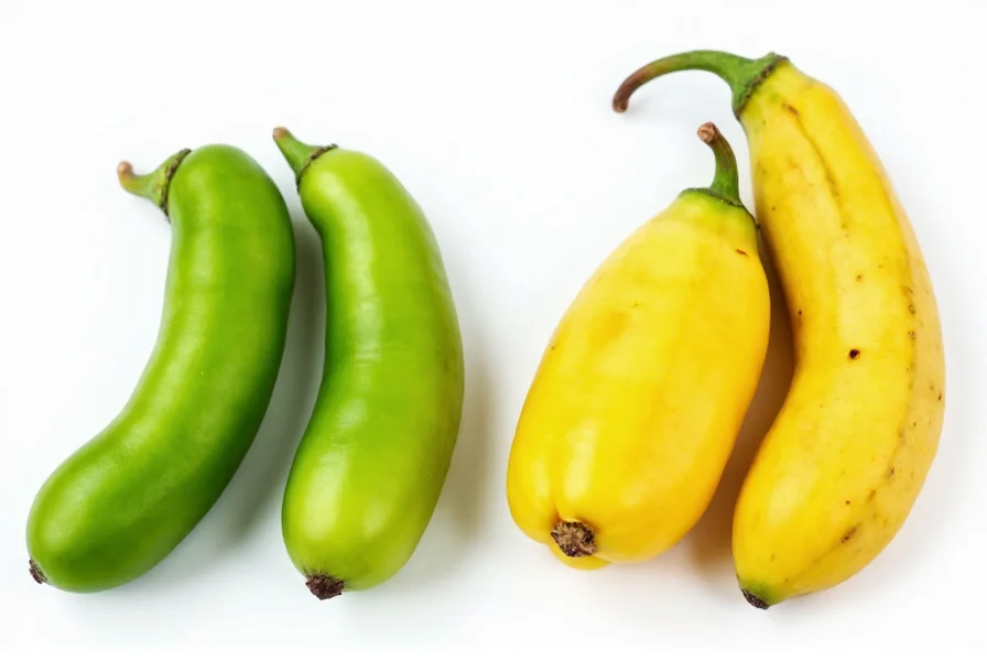 Side-by-side comparison of fresh pepperoncini and banana peppers showing physical differences including curvature, size, and skin texture