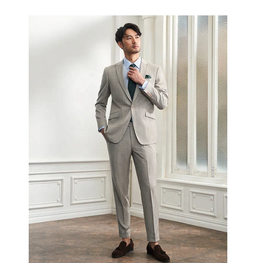 

Men 2 Piece Light Gray Stripped High Quality Business Ready To Ship Suits