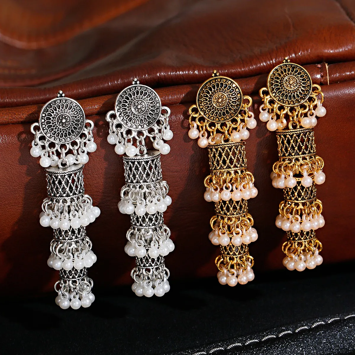 

Vintage Gold Silver Long Alloy Bollywood Oxidized Earrings Hangers Women's Retro Ethnic Pearl Tassel Jhumka Dangle Earrings