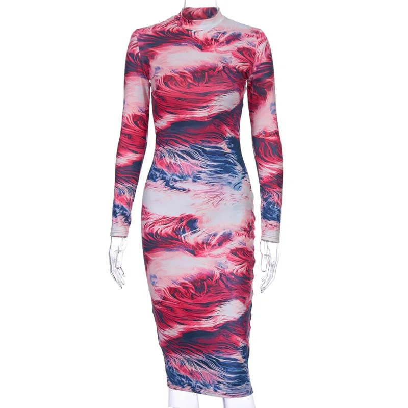 

European and American Hot-selling Spring 2021 New Women's Printed Long-sleeved Round Neck Dress, Colorful
