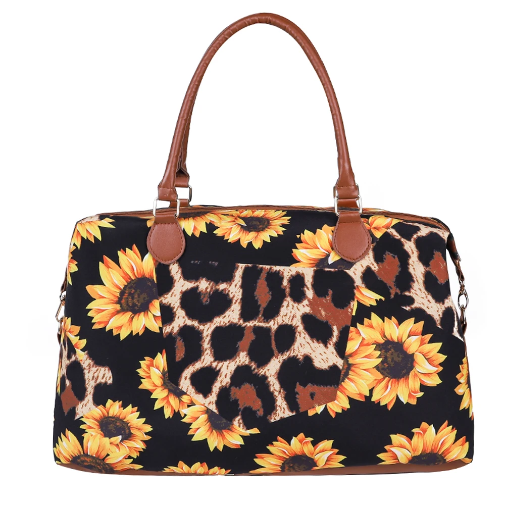 

Large Capacity Sunflower with Leopard Patch Women Ladies Weekend Canvas Luggage Duffle Tote Shoulder Travel Bag