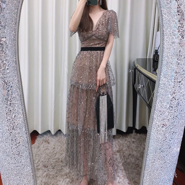 

2020 Spring New Style dress heavy embroidery women sequin long dress women evening dress