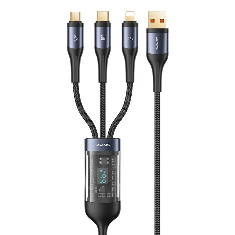 

USAMS 66w usb fast charging cables usb 3 in 1 charger cable digital display 3in1 charging cable 1.2m