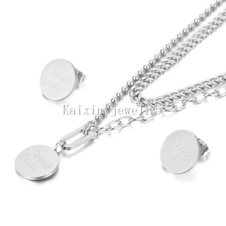 

Fashion exaggeration multi layer stacked clavicle chain stainless steel good lucky Earrings Necklace NEW SET women's jewelry