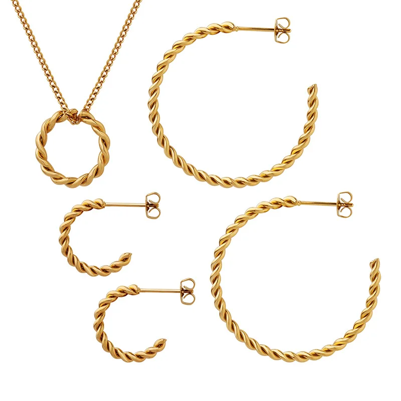 

Carline Minimalist Rope Circle Pendant Stainless Steel Plated 18k Gold Necklace Earrings Jewelry Set For Women Gift