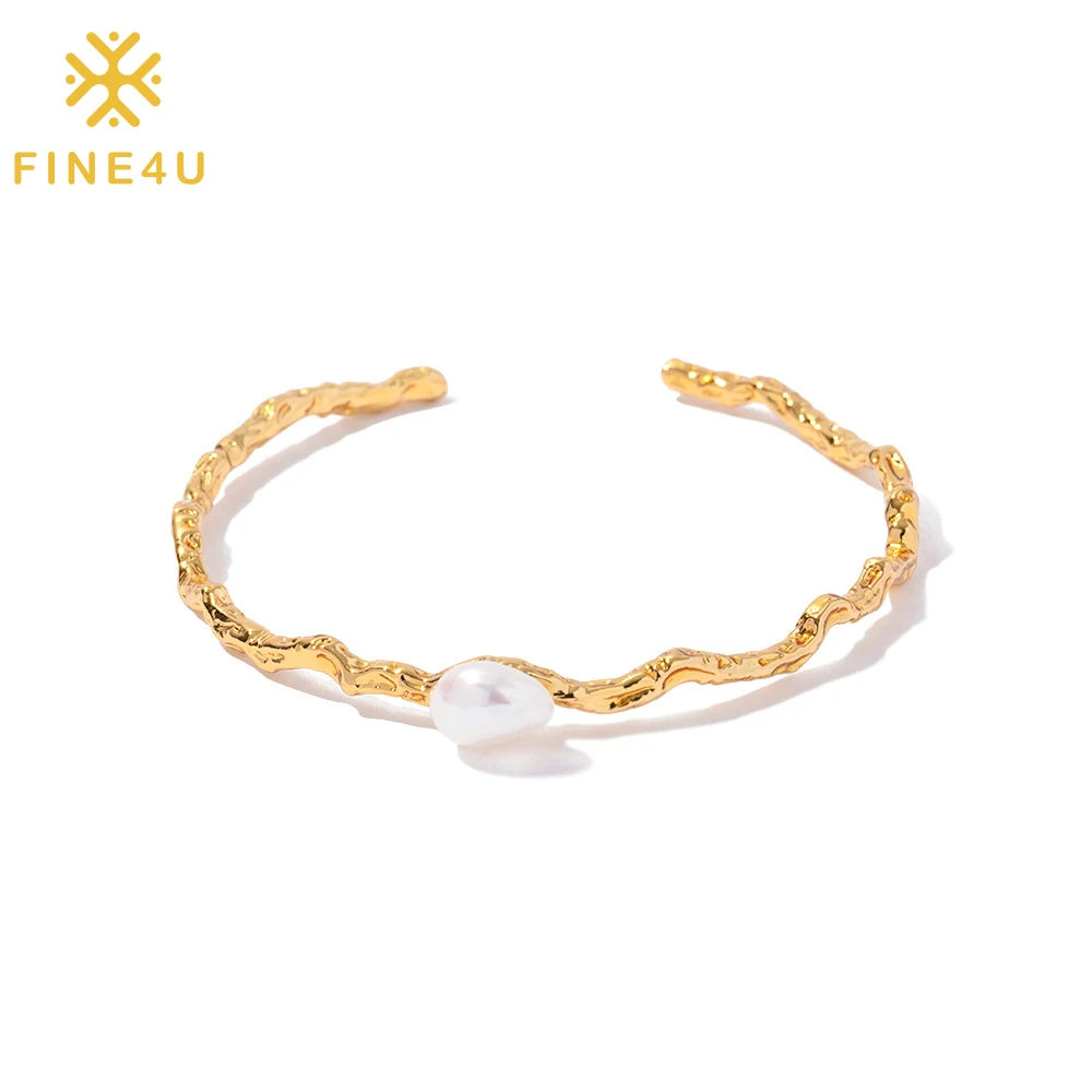 

Fashion Women Jewelry 18K Gold Plated Wavy Open Cuff Bangles Natural Pearl Bracelet Jewelry For Women