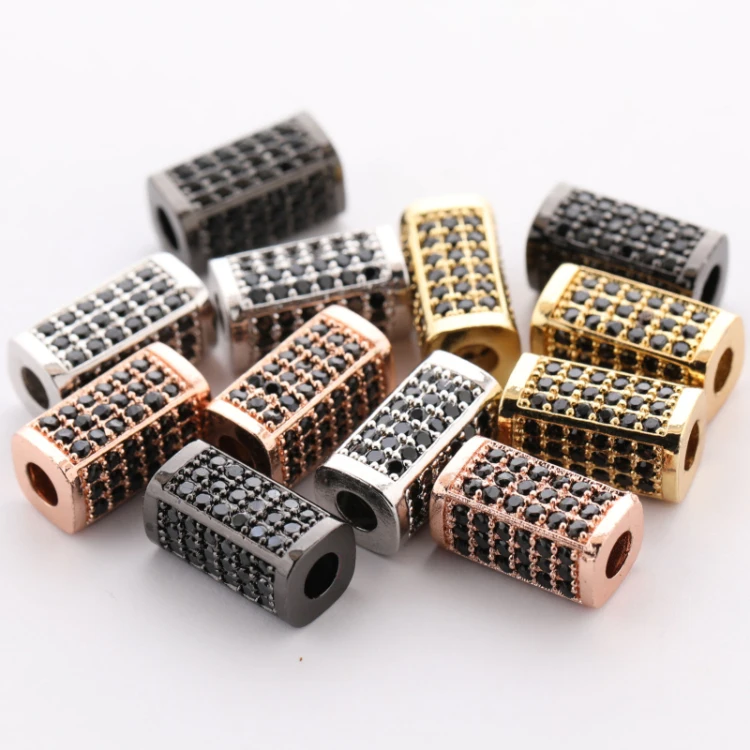 

7*14MM Gun Metal Plated Jet Zircon Micro Pave Charm Big Hole Beads for Jewelry Making, Picture