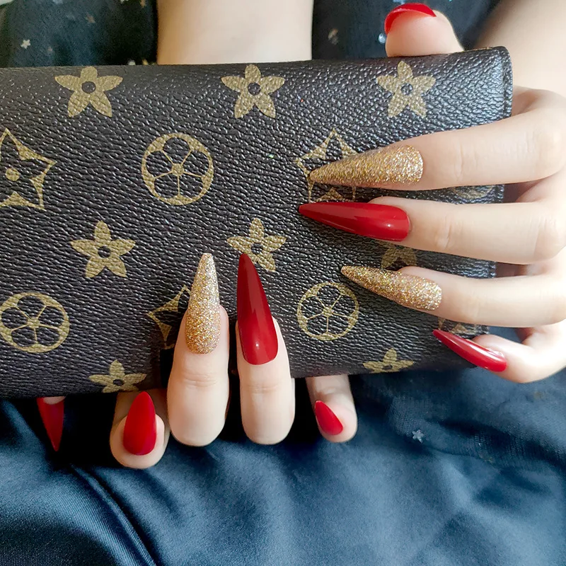 

European and American super long pointed wine red flash powder false nails, Multi color