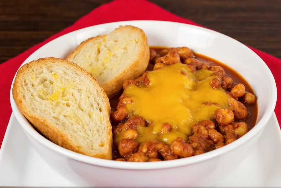 Steak and Shake Chili Mac served in a white diner-style bowl with melted cheddar cheese topping and side of garlic bread