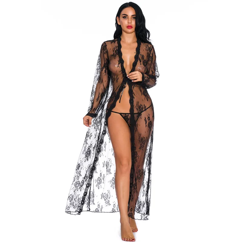 

7 colors Women's Long Lace Kimono Robe Sheer Babydoll Nightgown lingerie nightdress sexy women sexy robe lingerie