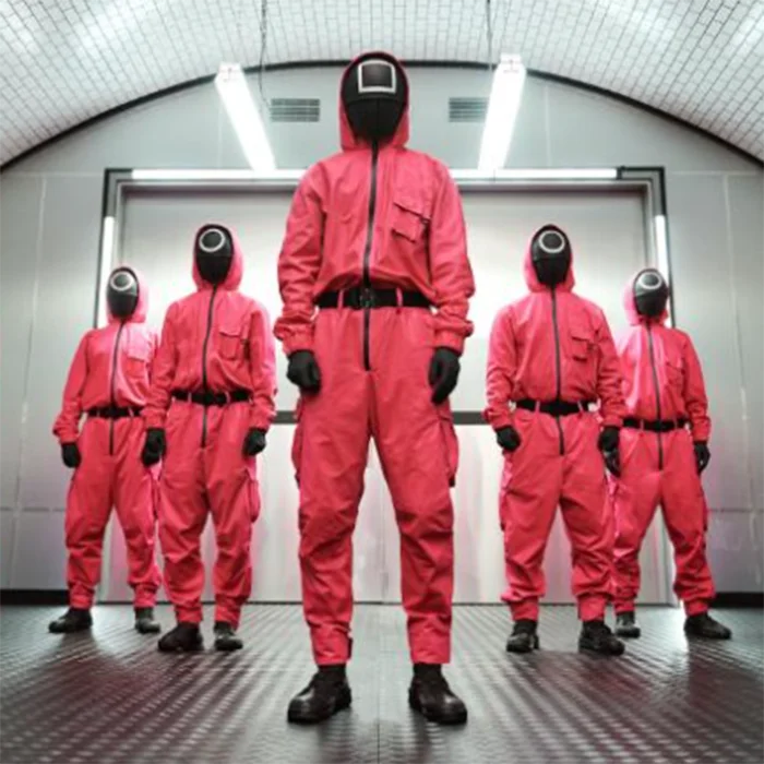 

Korean Unisex Squid Game Clothing With Belt And Mask Tv soldier Party Halloween Costumes Red Jumpsuits Set Squid Game Bodysuit, Customized color