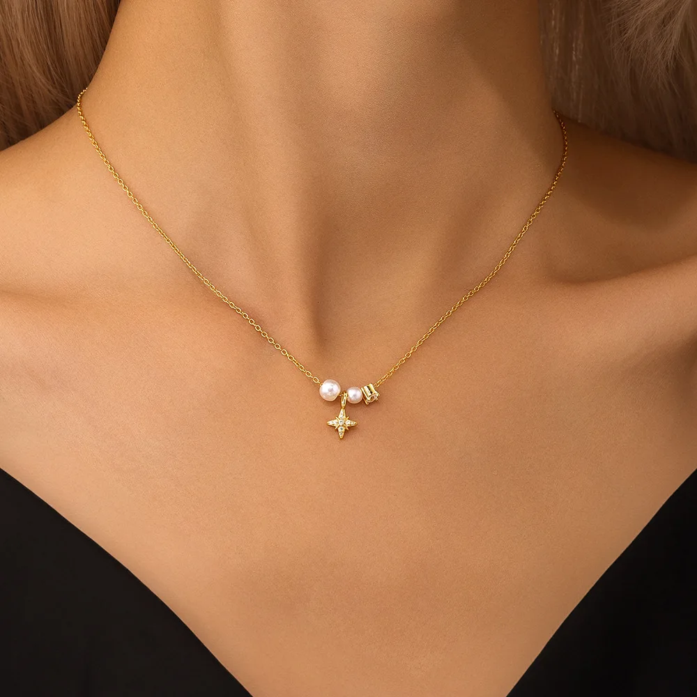 Wholesale 925 Sterling Silver Star Zircon and Pearl Pendant Necklace Jewelry for Women 925 Silver Collarbone Chain Necklace