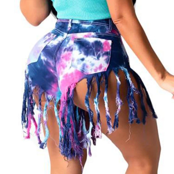 

Wholesale women's fashion assorted tie dye shorts plus size booty shorts for women with tassel mini sexy short jeans