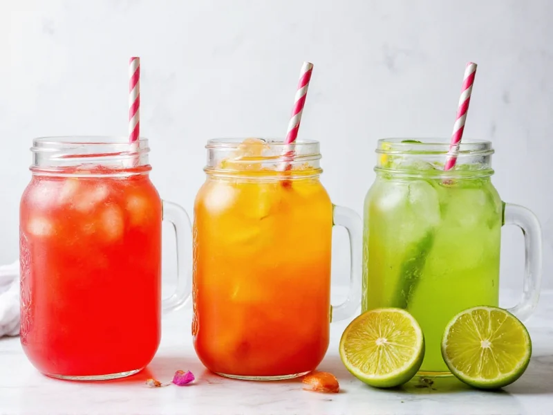 Three mason jars with different colored homemade electrolyte drinks