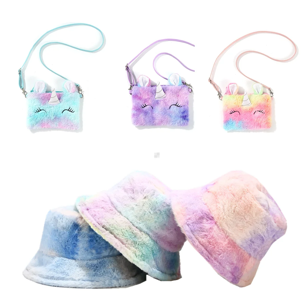 

Winter Tie Dye Fur Hat & Purse Pink Children Fur Purse and Hat Set Handbags Unicorn Bag Set