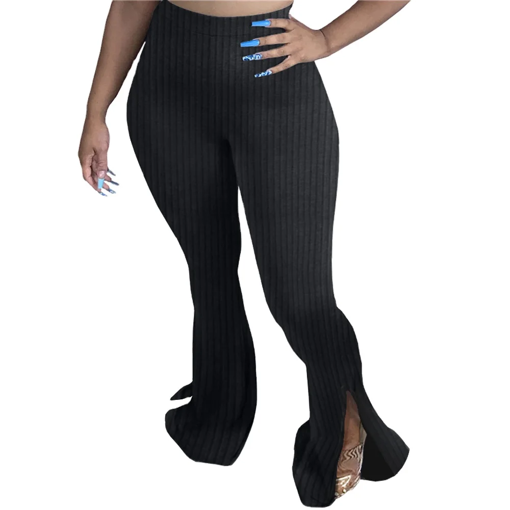 

Elastic high waist ribbed trousers solid color denim split tight flared hot sale sexy women pants, Picture