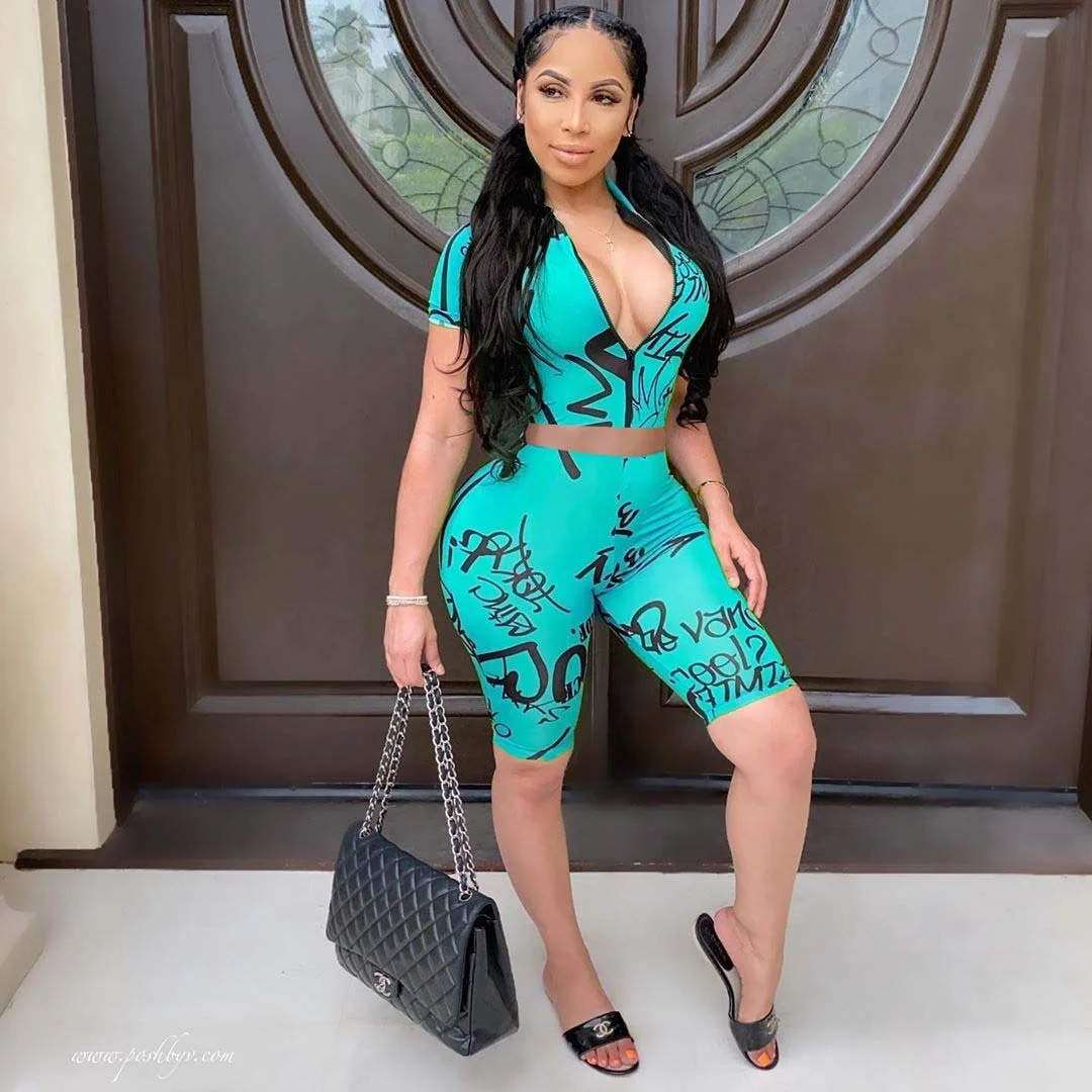 

New arrival fashion women clothing printed letter short sleeve shorts casual suits, Black white,grey,rainbow