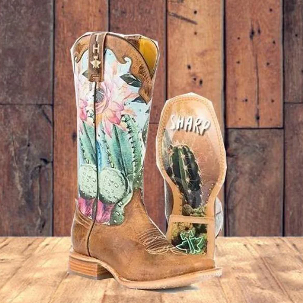

Women Flower Printed Long Calf Chunky Heel Boots