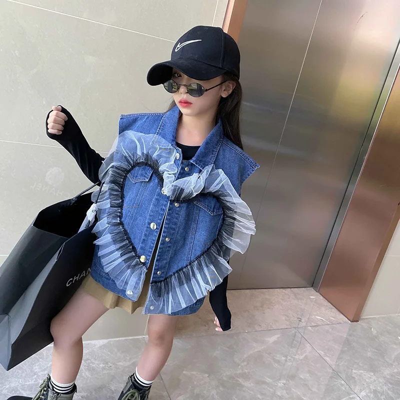 

2021 Fashion Children Girl Denim Vest with Ruffle Tulle 5-10T, As photos