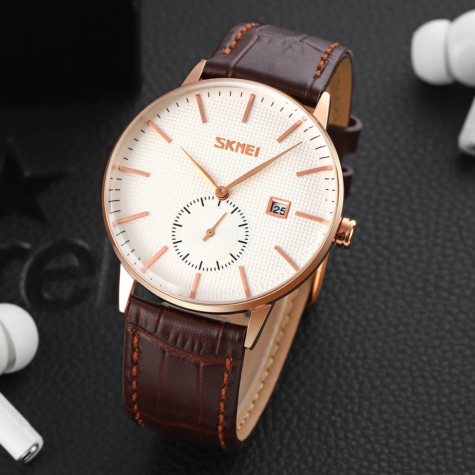 

SKMEI 9273 Custom logo Men Wrist Watches Luxury Kol Saati Genuine Leather Quartz Watch Relogio Masculino