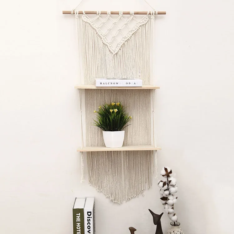 

2-tier Hanging Shelf Macrame Floating Shelf macrame wall hanging shelf Perfect For Living Room Bedroom Kitchen Bathroom, White or customized color