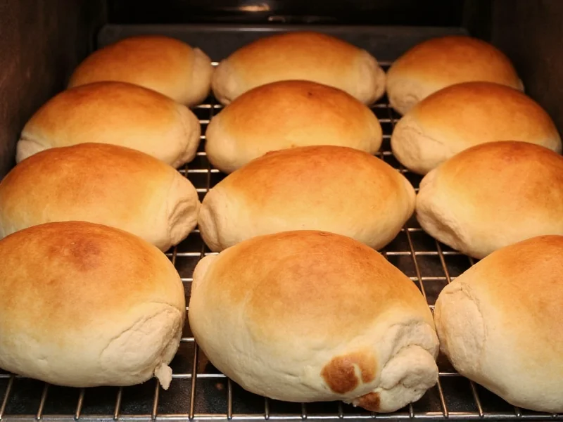 Golden brown homemade hoagie buns fresh from oven on cooling rack